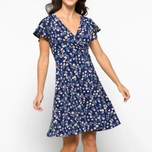 Kaileigh Blue Floral Wrap Dress XL Flutter Sleeve Flowy Midi Casual Summer